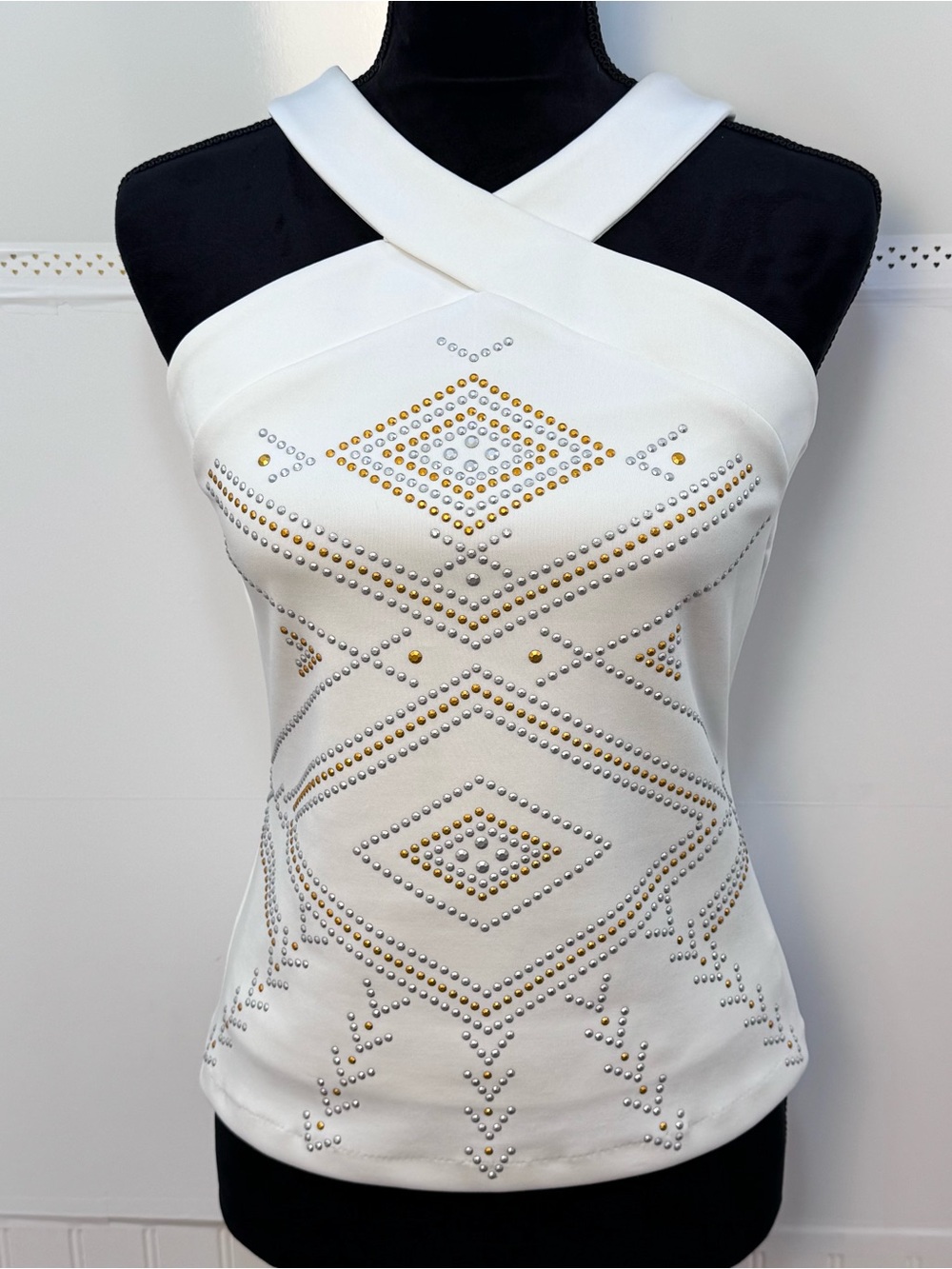 Bisou Bisou White Studded Halter Tank Top Y2K Glam Rhinestone Size Small - Picture 3 of 9